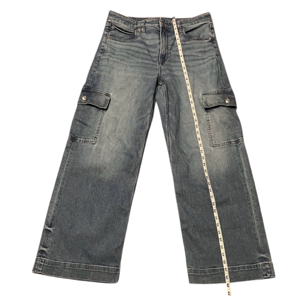American Eagle Women Super High Rise Baggy Wide Leg Cargo Blue Jeans Size 12 EUC - Picture 6 of 11